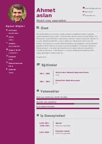 Vinç Operatörü Cv Örnekleri cv indir